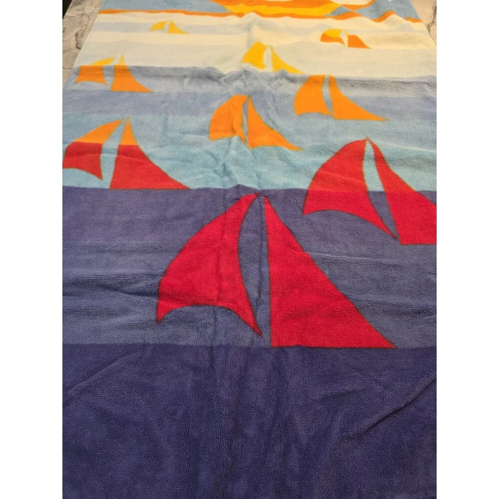 Vintage Sea Drift Beach Towel Sailboats Sunset Ocean Blue Cotton Brazil 28x53